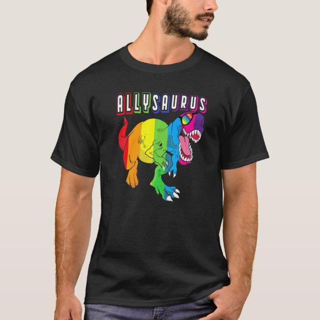 Dinosaur Rex Lgbt Gay Pride Flag Allysaurus Ally M T-Shirt (Front)