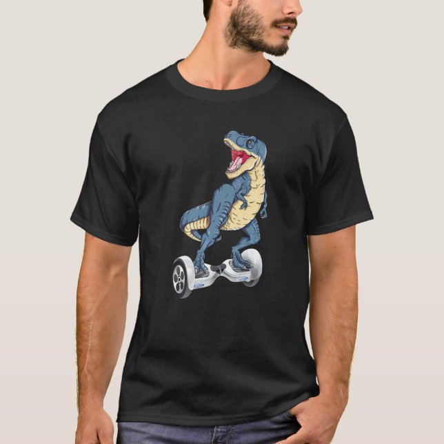 Dinosaur Rex Riding Hoverboard Electric Skateboard T-Shirt (Front)
