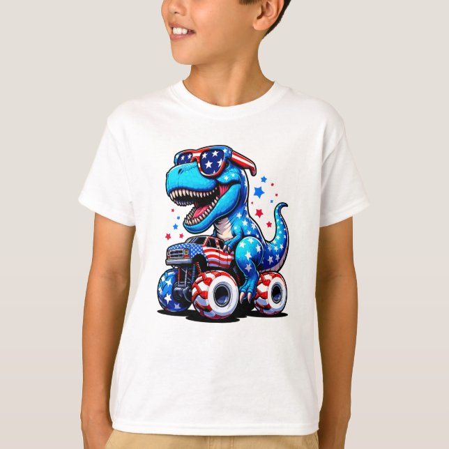  Dinosaur Riding American Flag Truck July 4th  T-Shirt (Front)