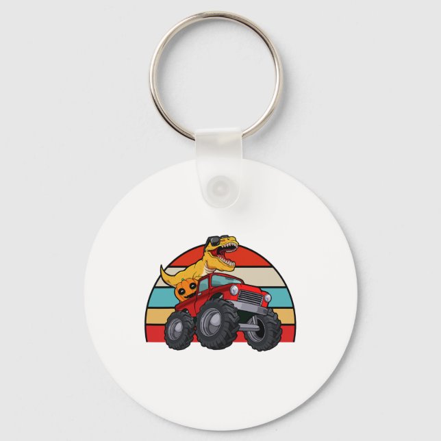 Dinosaur Riding Monster Truck Lazy Halloween Costu Keychain (Front)