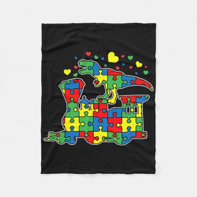 Dinosaur Riding Train Puzzle Piece Autism Awarenes Fleece Blanket (Front)