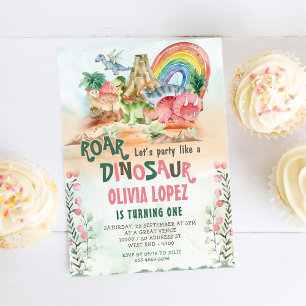 Dinosaur Roar 1st Birthday Party Girl Invitation
