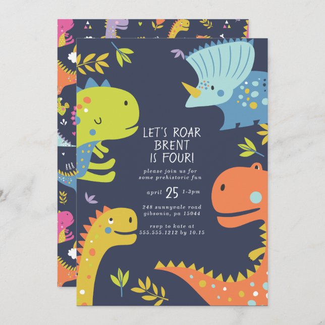 Dinosaur Roar Boys Birthday Blue Invitation (Front/Back)