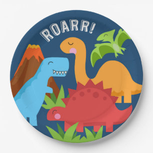 Dinosaur ROAR Cute Blue Paper Plate Red Fox Tail