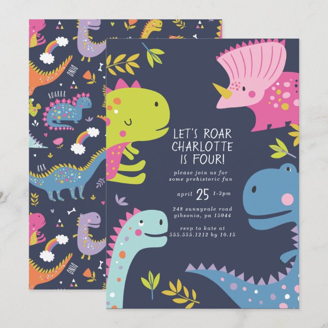 Dinosaur Roar Girls Birthday Pink Invitation (Front/Back)
