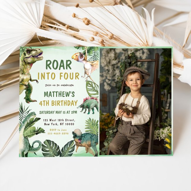 Dinosaur Roar Into Four 4th Birthday Party Photo Invitation (Creator Uploaded)