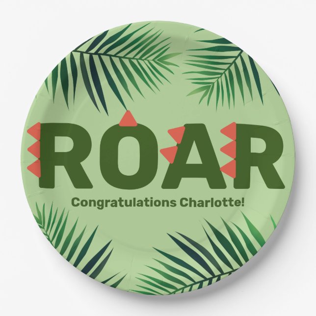 Dinosaur Roar Jungle Ferns Baby Shower Paper Plate (Front)