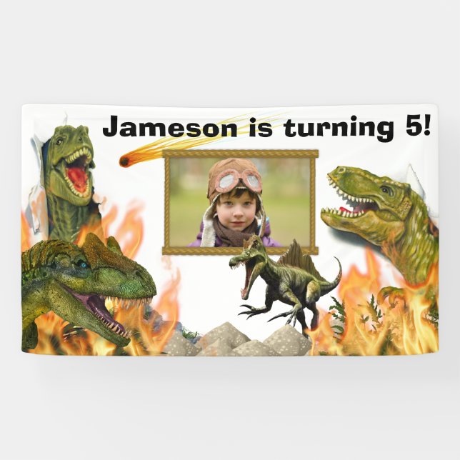 Dinosaur roar T-rex flames meteor photo birthday Banner (Horizontal)