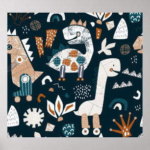 Dinosaur robots, playful, seamless children's patt poster
