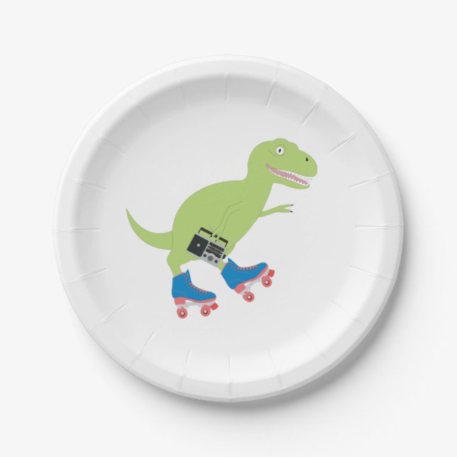 Dinosaur Roller Skating Holding Radio Paper Plate (Front)