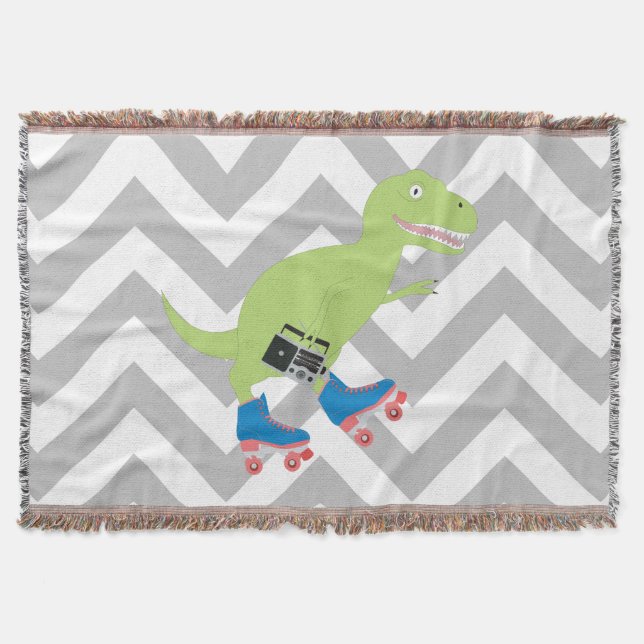Dinosaur Roller Skating Holding Radio Throw Blanket (Front)