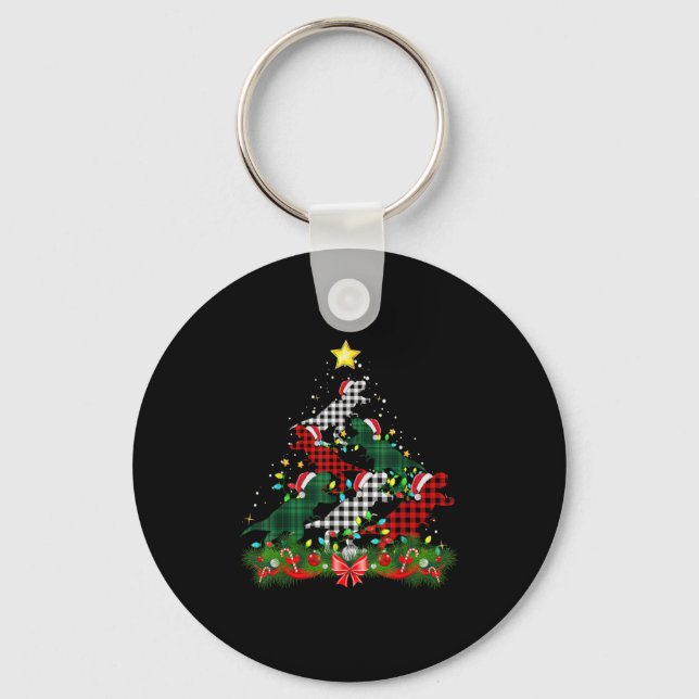 Dinosaur Santa Hat Christmas Tree Buffalo Plaid Re Keychain (Front)