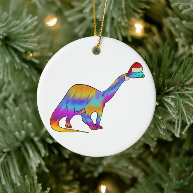 Dinosaur Santa Rainbow colours Ceramic Ornament (Tree)