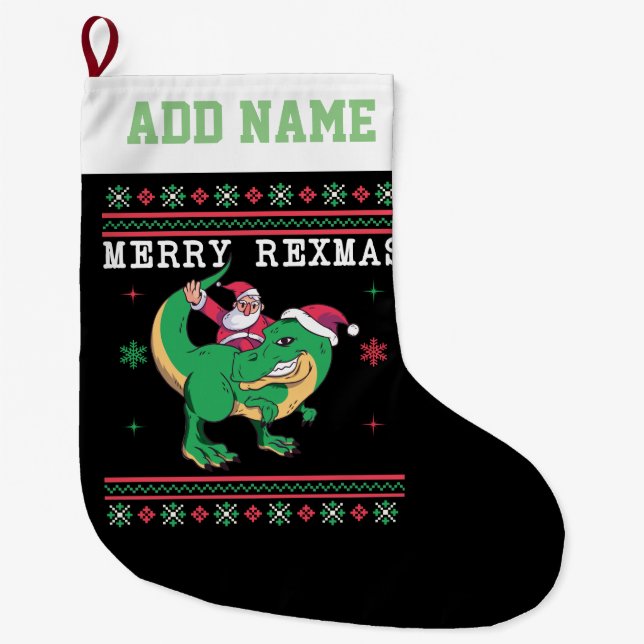 Dinosaur Santa T-Rex Ugly Christmas Sweater Large Christmas Stocking (Front)