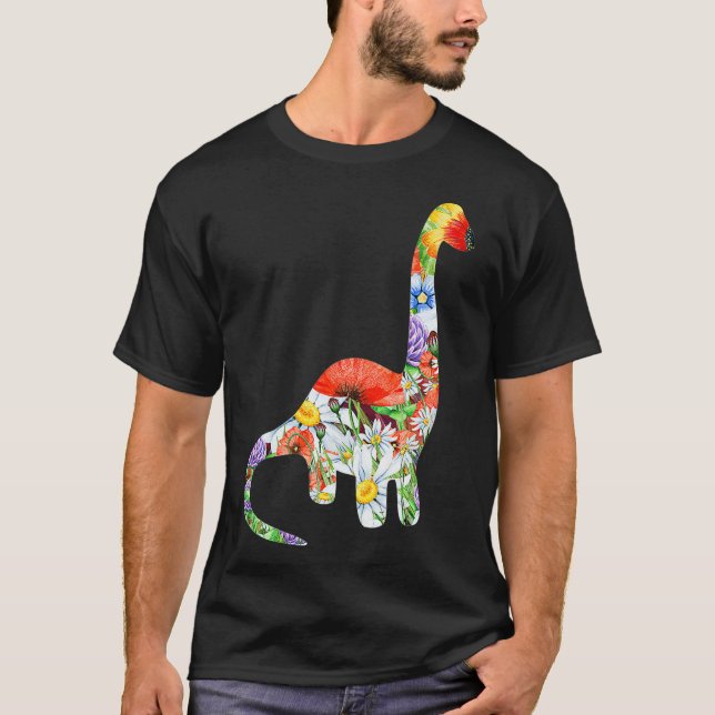Dinosaur Shaped Floral Graphic Flower Pattern T-Shirt (Front)