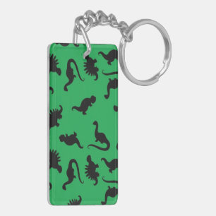 Dinosaur Silhouettes on Green Background Pattern Keychain