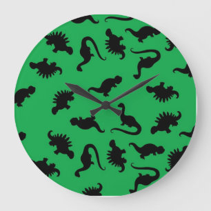 Dinosaur Silhouettes on Green Background Pattern Large Clock