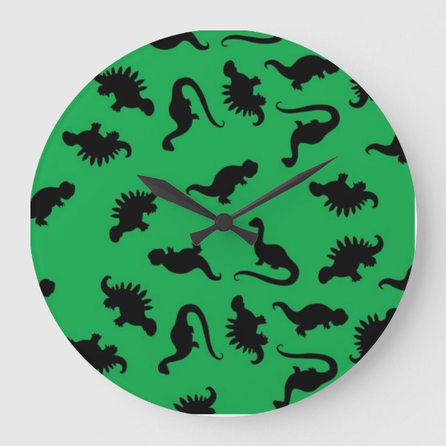 Dinosaur Silhouettes on Green Background Pattern Large Clock (Front)