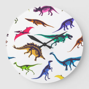 Dinosaur silhouettes: vintage sketch pattern. large clock