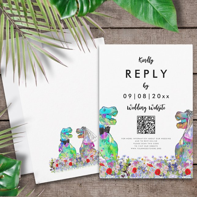 Dinosaur Site Mariage Réponse Code QR Carte RSVP (T-Rex bride and groom colorful wildflowers dinosaur wedding website QR code reply enclosure card)