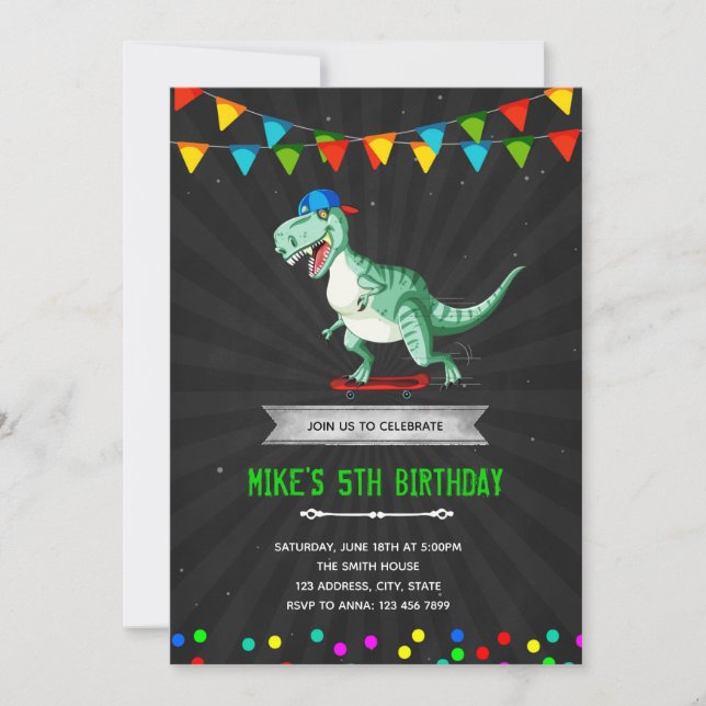 Dinosaur skateboard birthday party invitation (Front)