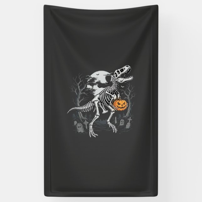 Dinosaur Skeleton Halloween Pumpkin Graveyard Desi Banner (Vertical)