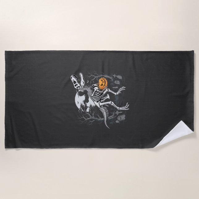 Dinosaur Skeleton Halloween Pumpkin Graveyard Desi Beach Towel (Front)