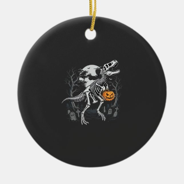 Dinosaur Skeleton Halloween Pumpkin Graveyard Desi Ceramic Ornament (Front)