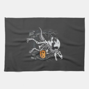 Dinosaur Skeleton Halloween Pumpkin Graveyard Desi Kitchen Towel