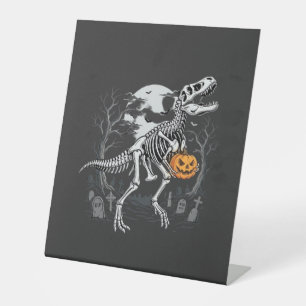 Dinosaur Skeleton Halloween Pumpkin Graveyard Desi Pedestal Sign