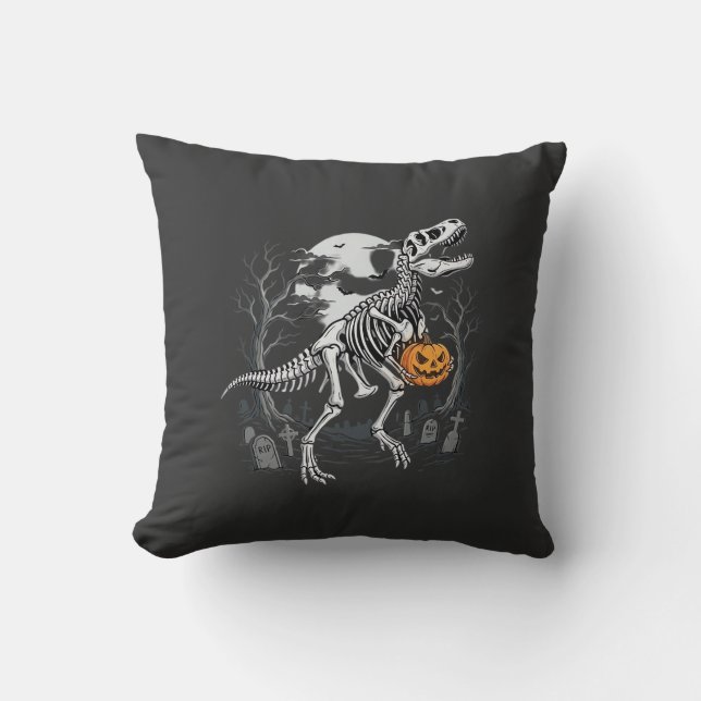 Dinosaur Skeleton Halloween Pumpkin Graveyard Desi Throw Pillow (Front)