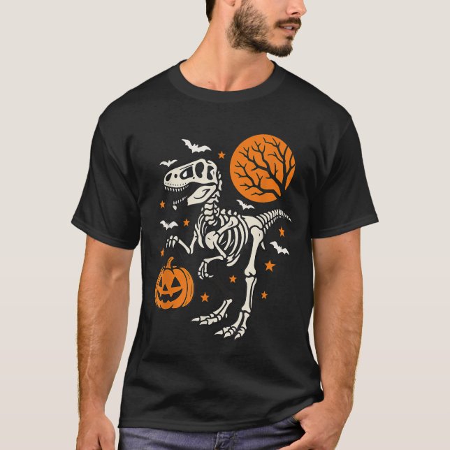 Dinosaur Skeleton Halloween Pumpkin Trick Or Treat T-Shirt (Front)