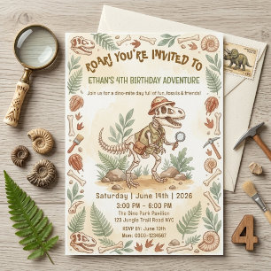 Dinosaur Skeleton Paleontologist Boy 4th Birthday Invitation