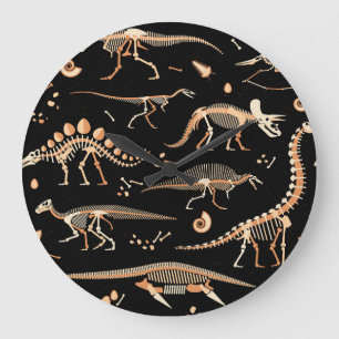 Dinosaur skeletons, fossils, vintage pattern. large clock