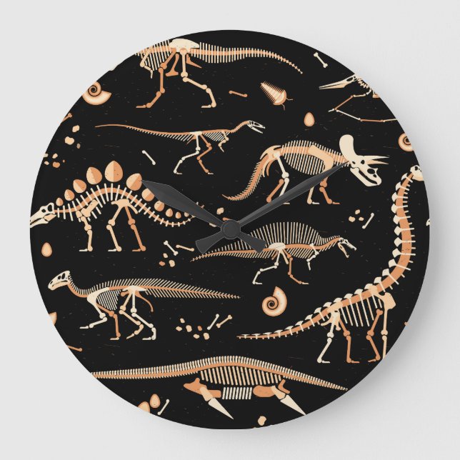Dinosaur skeletons, fossils, vintage pattern. large clock (Front)