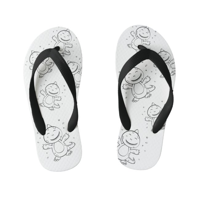 Dinosaur - Sketched Animal - Black & White Kid's Flip Flops (Footbed)