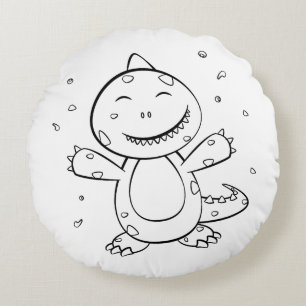 Dinosaur - Sketched Art Animal in Black & White Round Pillow