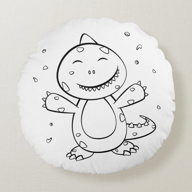Dinosaur - Sketched Art Animal in Black & White Round Pillow (Front)