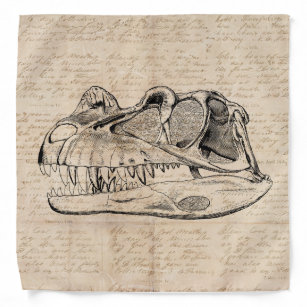 Dinosaur Skull Illustration & Antique Script Paper Bandana