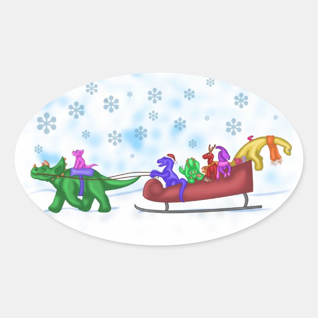 Dinosaur Sleigh Ride Oval Sticker (Front)