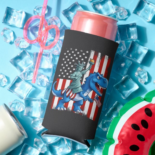 Dinosaur Statue Liberty 4th Of July American Flag Seltzer Can Cooler (In Situ Summer)