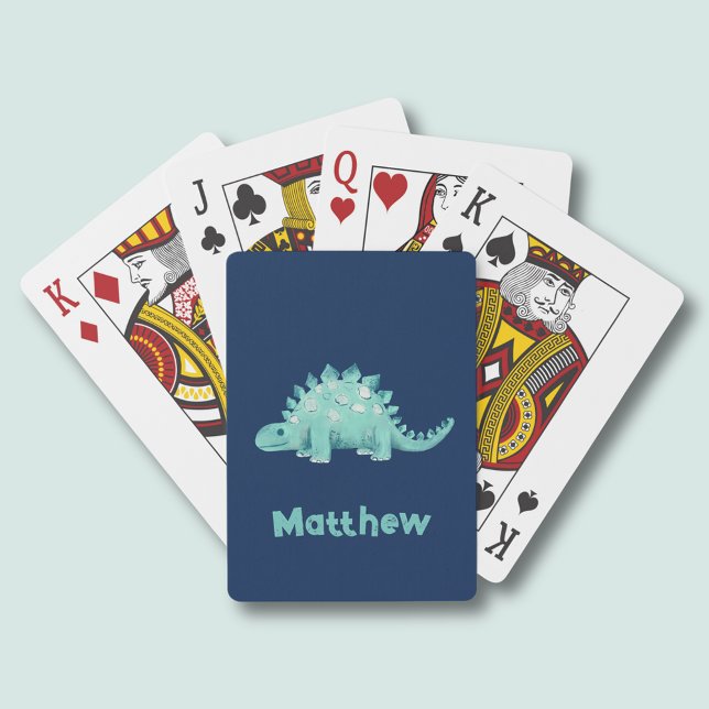 Dinosaur Stegosaurus Pattern Playing Cards (Dinosaur playing cards with cute kids green stegosaurus.  Personalize with your own name/text.)