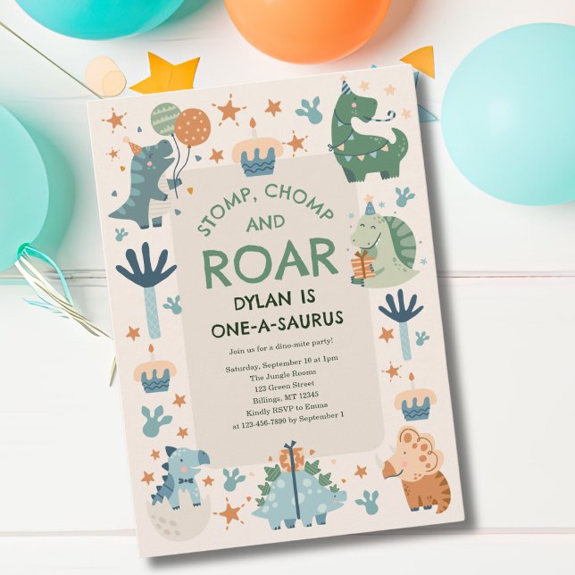 Dinosaur Stomp Chomp and Roar First Birthday  Invitation (Creator Uploaded)