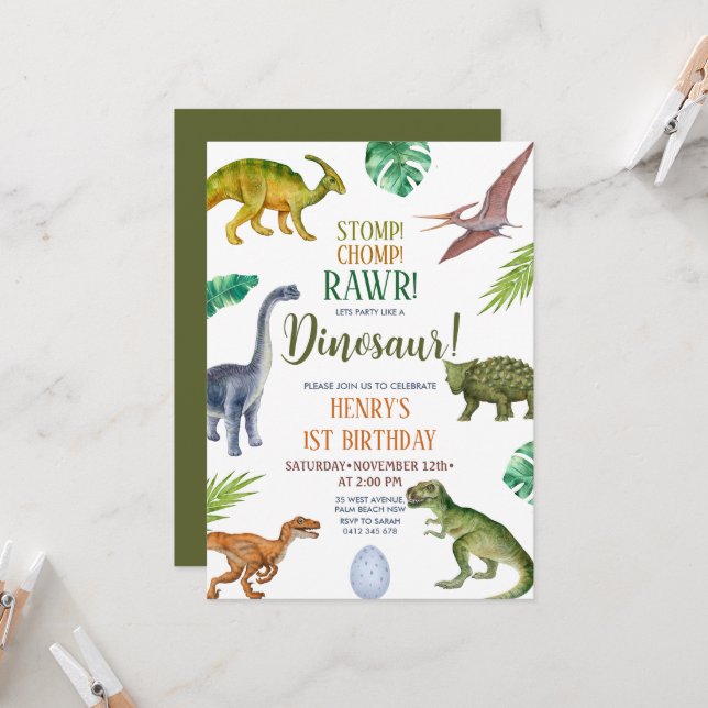 Dinosaur Stomp Chomp Rawr 1st Birthday Boy Party Invitation (Front/Back In Situ)