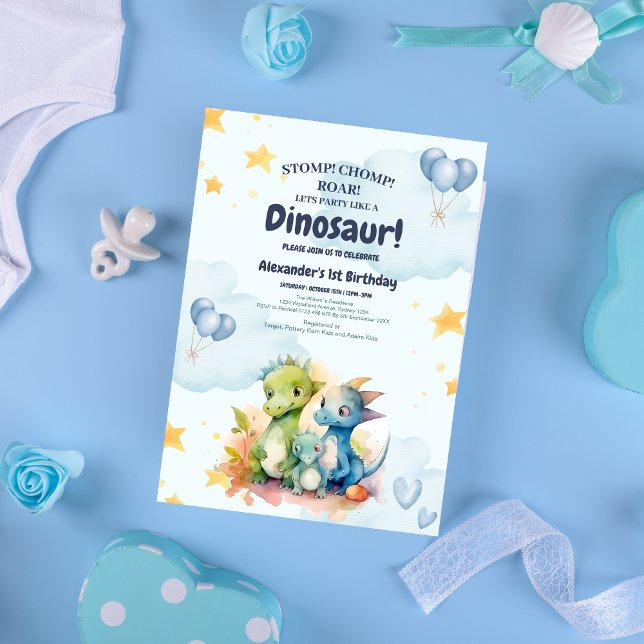 Dinosaur Stomp Chomp Rawr 1st Birthday Party Boy Invitation (Creator Uploaded)