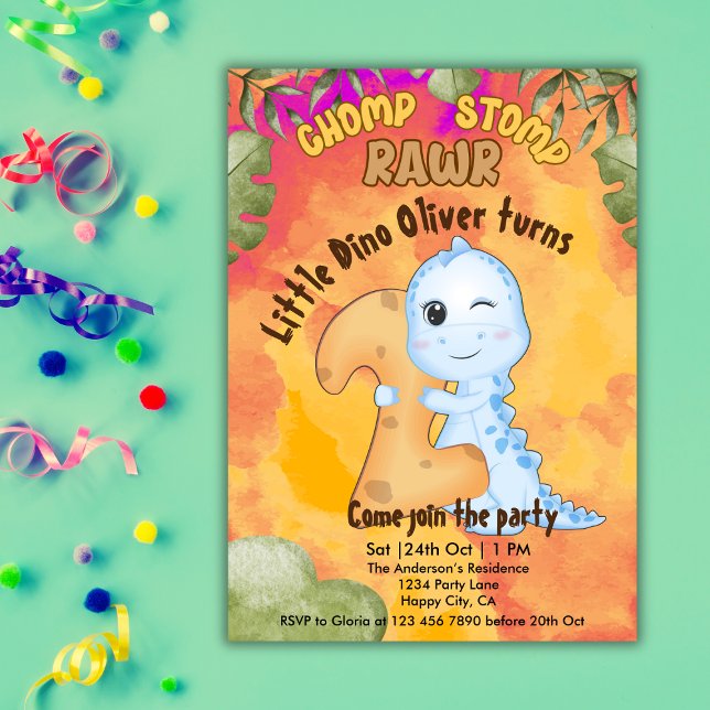 Dinosaur Stomp Chomp Rawr 2nd birthday party Invitation (Creator Uploaded)