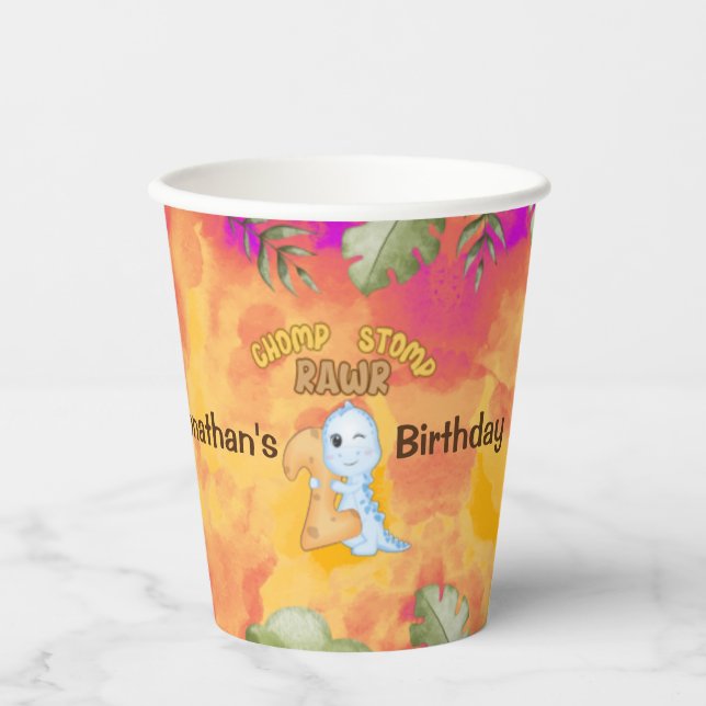 Dinosaur Stomp Chomp Rawr 2nd birthday party Paper Cups (Front)