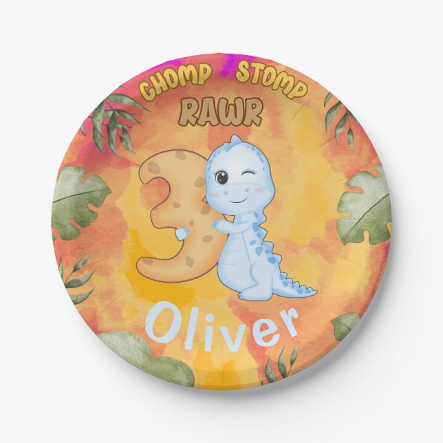Dinosaur Stomp Chomp Rawr 3rd birthday party Paper Plate (Front)