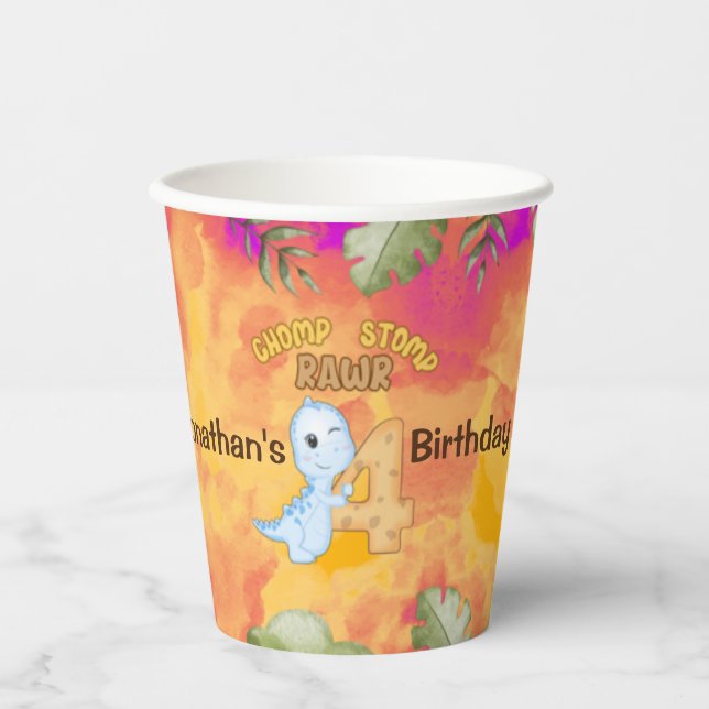 Dinosaur Stomp Chomp Rawr 4th birthday party Paper Cups (Front)