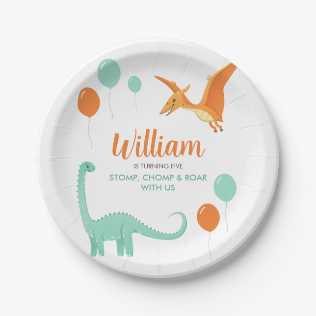 Dinosaur Stomp Chomp Rawr Birthday Party Boy Paper Plate (Front)